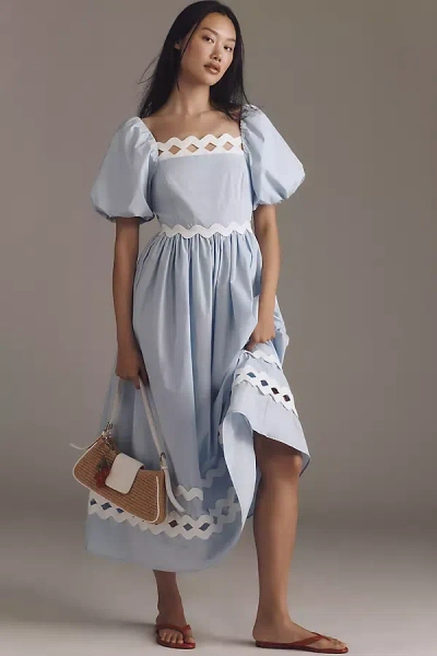 English Factory Ric Rac Puff-sleeve Midi Dress In Blue