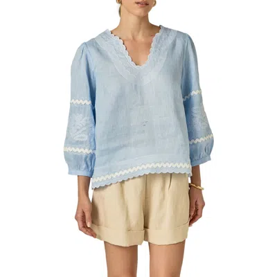 English Factory Rickrack Trim Embroidered Balloon Sleeve Linen Top In Multi