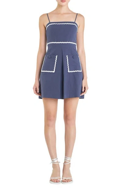 English Factory Rickrack Trim Sleeveless Linen & Cotton Minidress In Navy