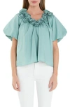 English Factory Rosette Puff Sleeve Cotton Poplin Top In Sage