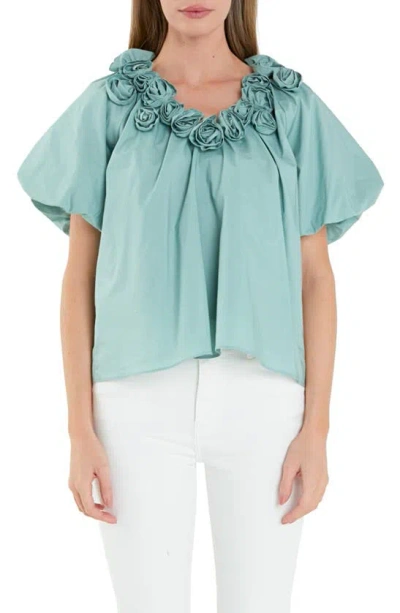 English Factory Rosette Puff Sleeve Cotton Poplin Top In Sage