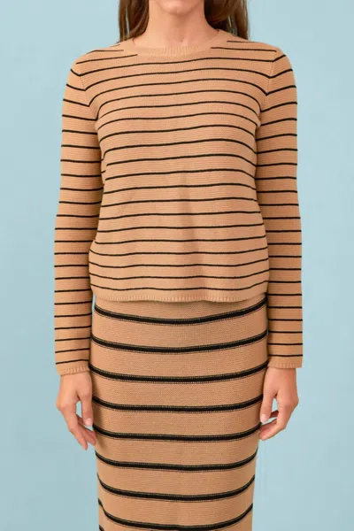 English Factory Round Neck Striped Sweater In Tan/black