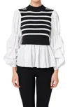 English Factory Ruffle Balloon Sleeve Combo Blouse In Black Stripe In White