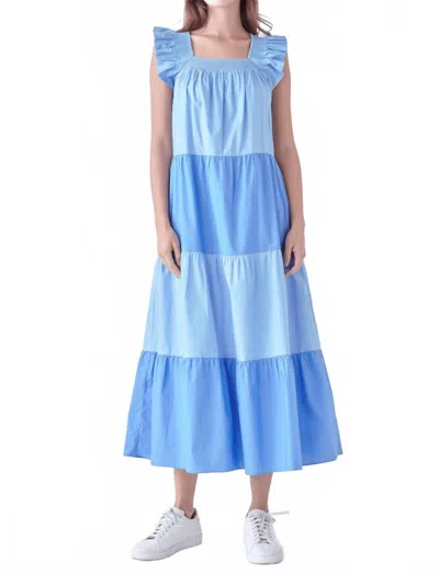 ENGLISH FACTORY RUFFLE DETAIL COLORBLOCK MIDI DRESS IN BLUE MULTI