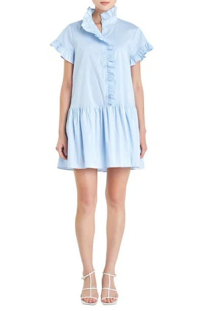 English Factory Ruffle Drop Waist Poplin Minidress In Powder Blue