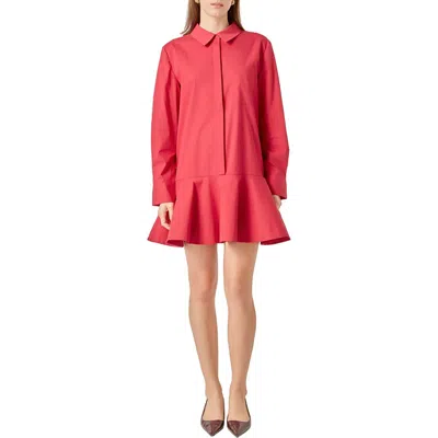 English Factory Ruffle Hem Long Sleeve Mini Shirtdress In Red