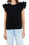 English Factory Ruffle Sleeve Mix Media Cotton Top In Black