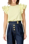 English Factory Ruffle Sleeve Mix Media Cotton Top In Butter Yellow