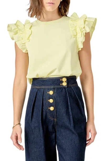 English Factory Ruffle Sleeve Mix Media Cotton Top In Butter Yellow