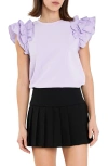 English Factory Ruffle Sleeve Mix Media Cotton Top In Purple