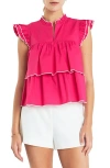 English Factory Ruffle Sleeve Tiered Cotton Top In Fuchsia