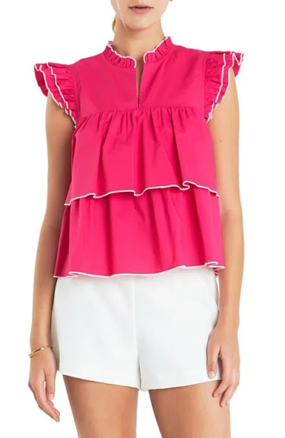 English Factory Ruffle Sleeve Tiered Cotton Top In Pink