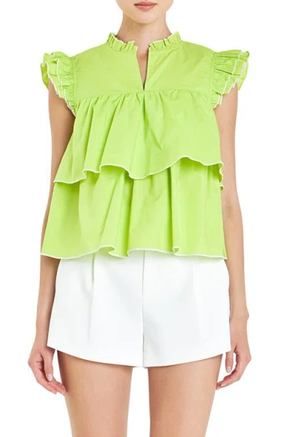 English Factory Ruffle Sleeve Tiered Cotton Top In Lime