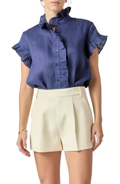 English Factory Ruffle Trim Linen Button-up Shirt In Navy