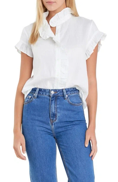 English Factory Ruffle Trim Linen Button-up Shirt In Off White