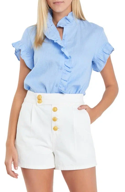 English Factory Ruffle Trim Linen Button-up Shirt In Powder Blue