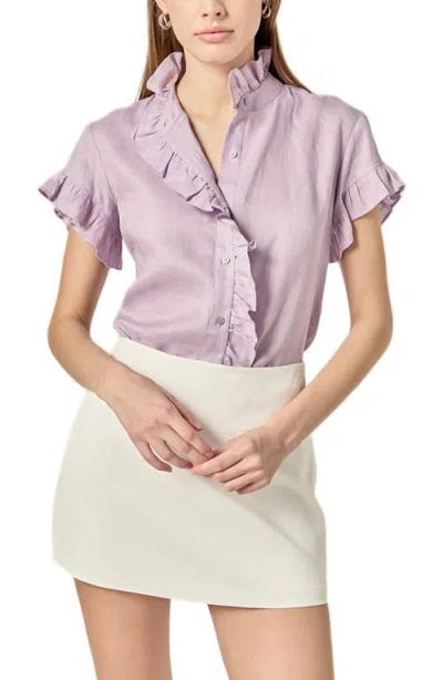 English Factory Ruffle Trim Linen Button-up Shirt In Purple