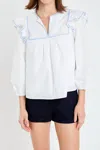 English Factory Embroidered Ruffle Balloon Sleeve Cotton Top In White/powder Blue
