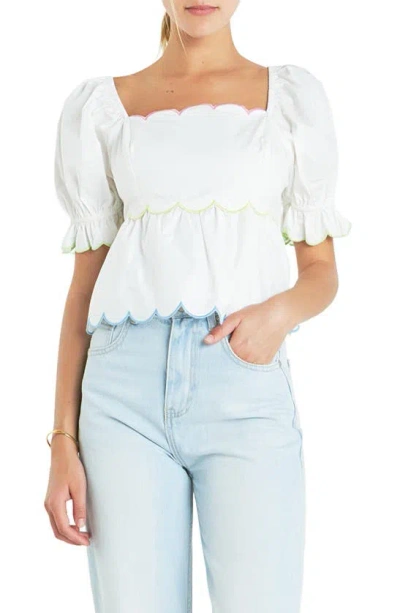 English Factory Scallop Cotton Peplum Top In White