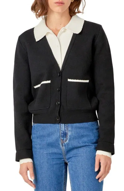 English Factory Scallop Detail Cardigan In Black/white