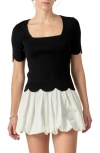 English Factory Scallop Hem Square Neck Rib Sweater In Black