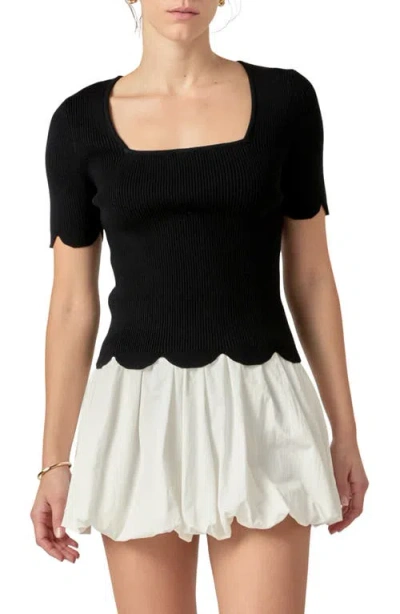 English Factory Scallop Hem Square Neck Rib Sweater In Black