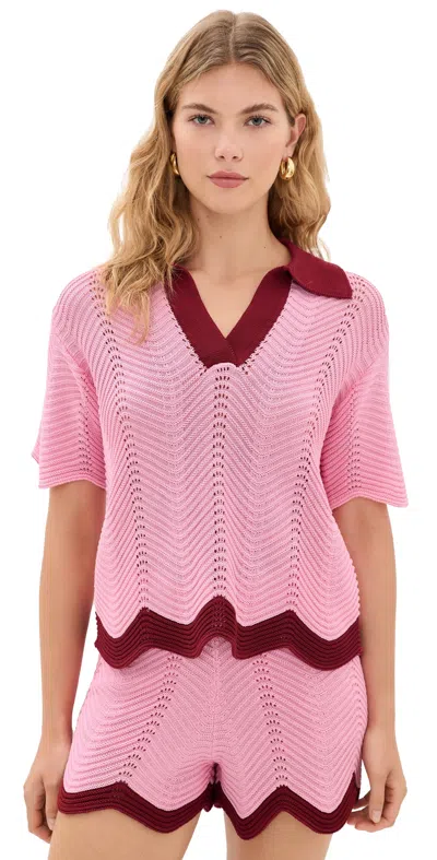 English Factory Scallop Polo Short Sleeve Knit Pink/burgundy