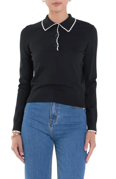 English Factory Scallop Polo Sweater In Black/white