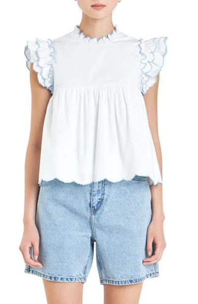 English Factory Scallop Ruffle Cotton Top In White