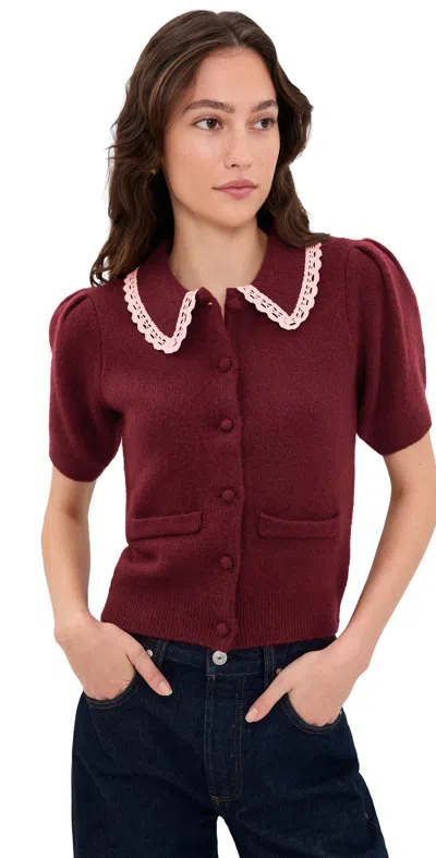 English Factory Scalloped Crochet Collar Cardigan Burgundy