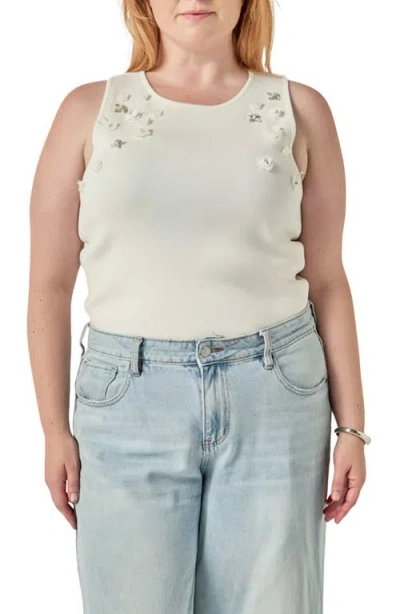 English Factory Sequin And Rhinestone Flower Tank In Neutral