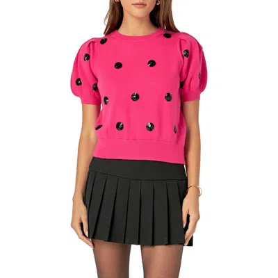 English Factory Sequin Dot Puff Sleeve Sweater In Fuchsia/black
