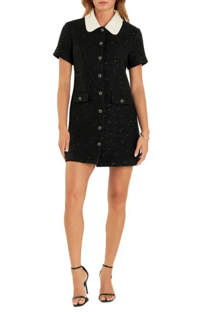 English Factory Sequin Tweed Button Up Minidress In Black