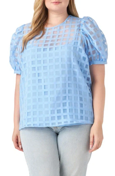 English Factory Sheer Plaid Short Puff Sleeve Top In Blue