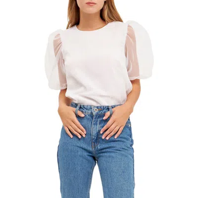 English Factory Sheer Puff Sleeve Organza Top In White