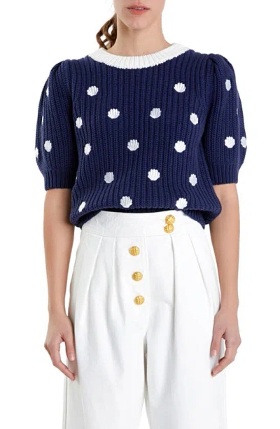 English Factory Shell Embroidered Puff Sleeve Sweater In Navy/ White