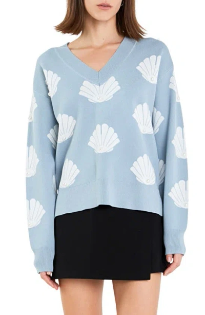 English Factory Shell Motif Jumper In Sky Blue/ White