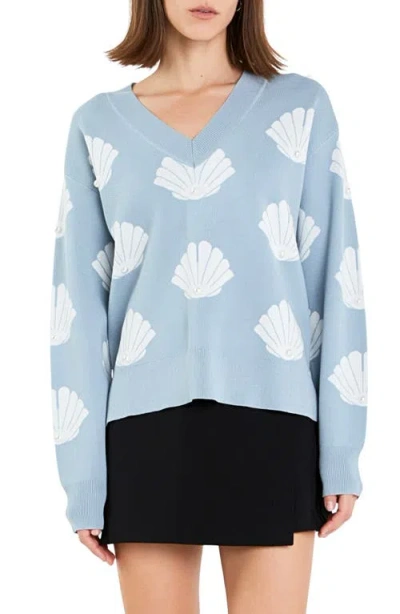 English Factory Shell Motif Sweater In Sky Blue/white
