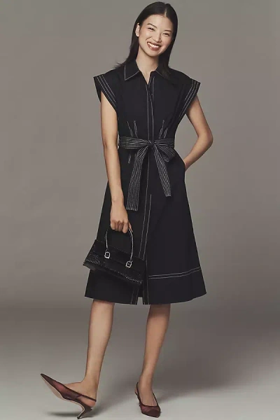 English Factory Short-sleeve Belted Midi Dress In Black