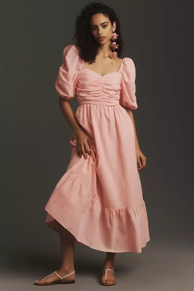 English Factory Short-sleeve Bow-back Linen Midi Dress In Pink