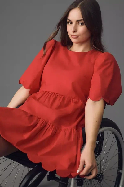 English Factory Short-sleeve Crew-neck Scallop Mini Dress In Red