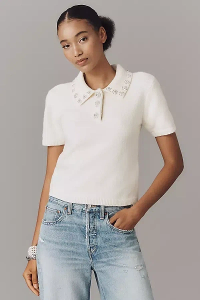 English Factory Short-sleeve Embellished Polo Sweater In Neutral