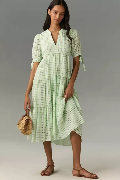 English Factory Women's Plus Size Gingham Tiered Midi Dress With Bow Tie Sleeves In Lime