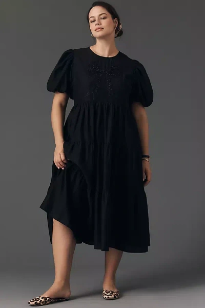 English Factory Short-sleeve Sheer Midi Shirt Dress In Black