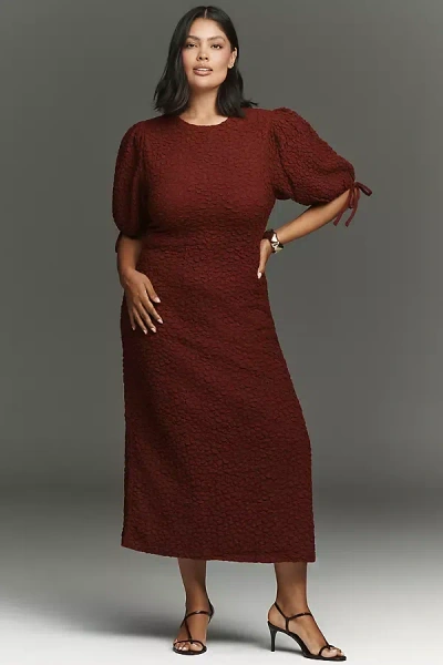 English Factory Short-sleeve Textured Midi Dress In Brown