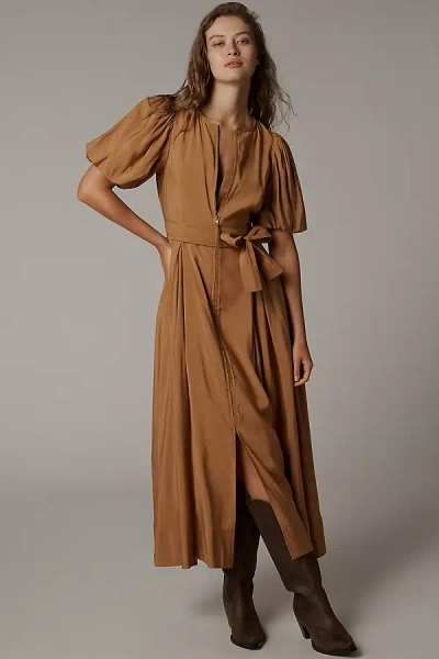 English Factory Short-sleeve Tie-waist Midi Dress In Brown