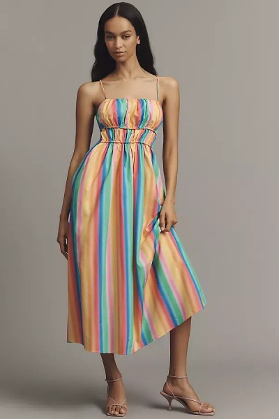 English Factory Sleeveless Smocked A-line Midi Dress In Blue