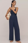 English Factory Sleeveless Smocked Wide-leg Jumpsuit In Blue