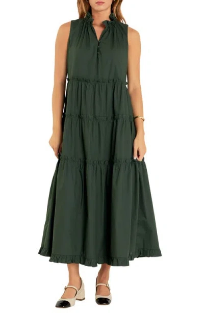 English Factory Sleeveless Tiered Cotton Maxi Dress In Olive