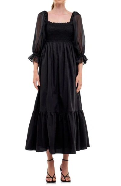 English Factory Smocked Poplin & Organza Midi Dress In Black